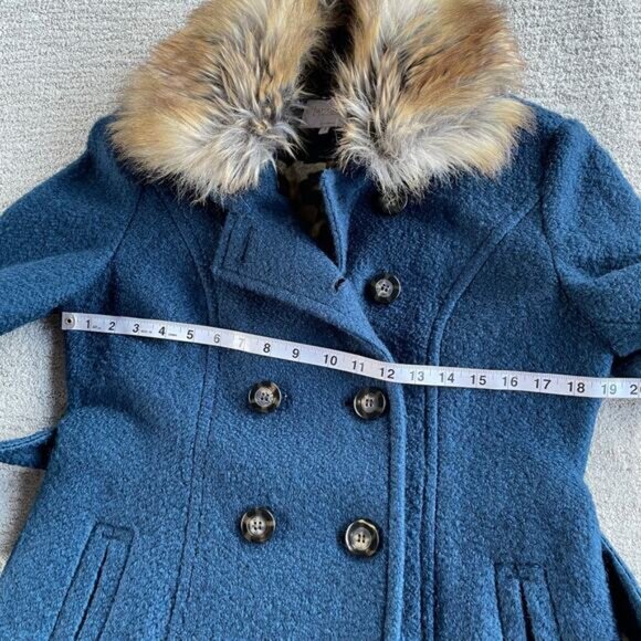 🔥NWT Laundry By Shelli Segal Wool Blend Double Breasted Faux Fur Collar Teal - Picture 9 of 13